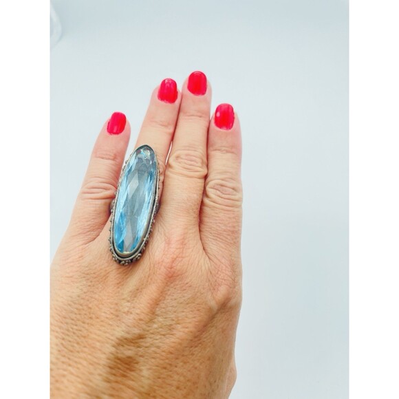 Beautiful Unique Artisan Made Antique Aqua Glass Sterling Silver Ring, Size 6.75 - Picture 3 of 11